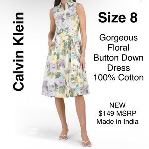 Calvin Klein Floral Dress Collared Button Down Below Knee Tie Spring Summer 🌼